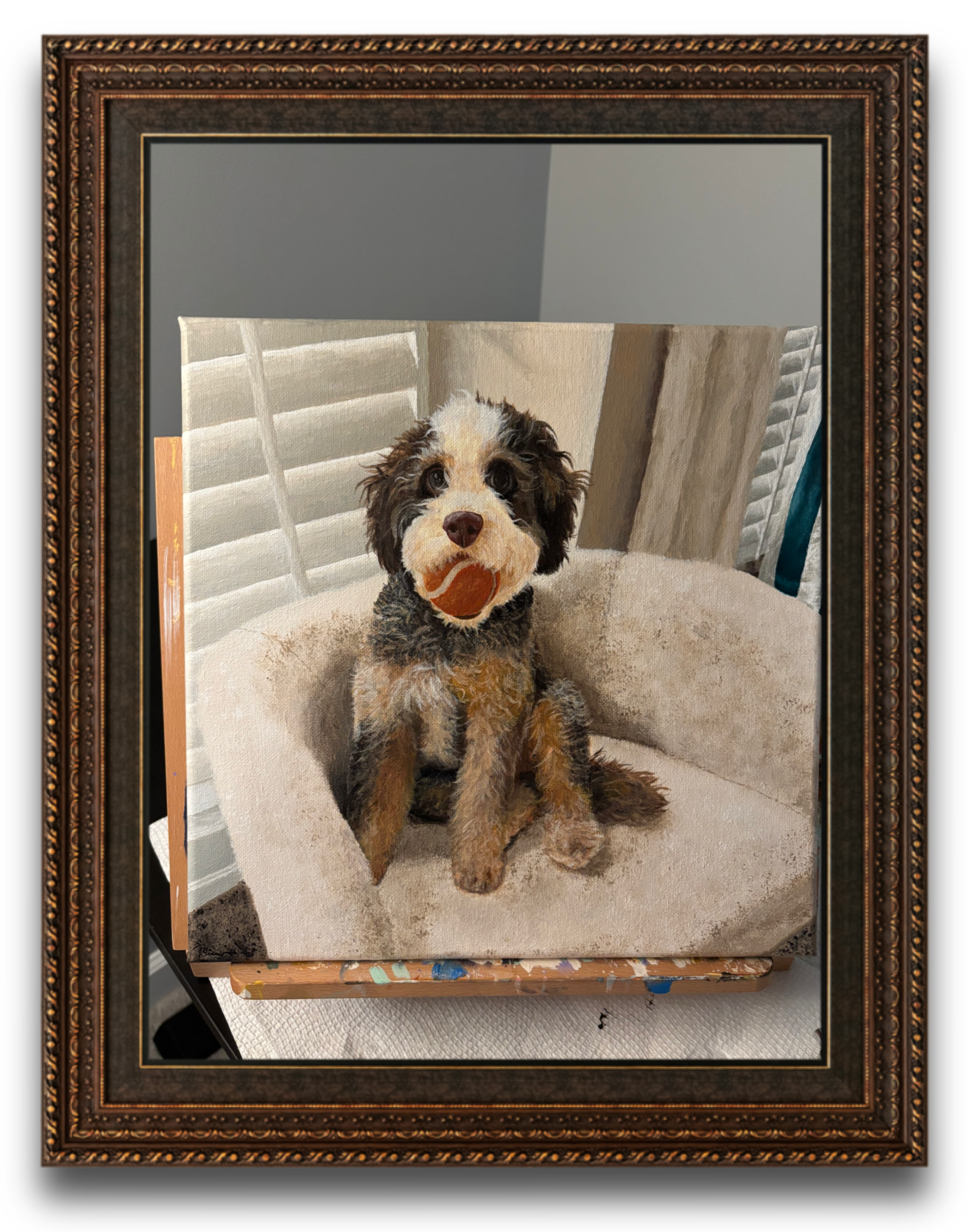 A beautiful painting of a brown and white dog.